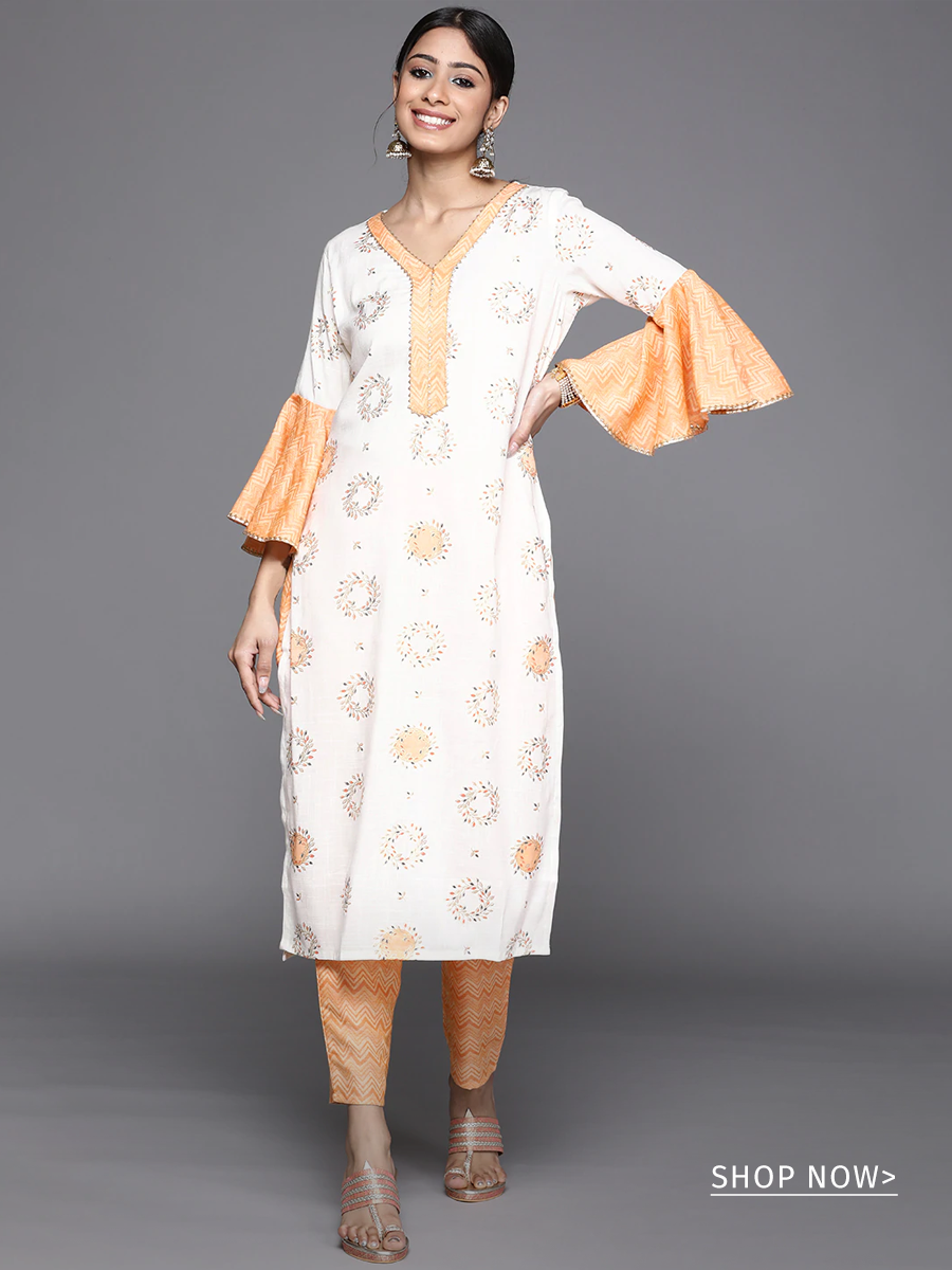 Pariza- Cream floral kurta with ruffled sleeves and matching pants – Label  Raasleela